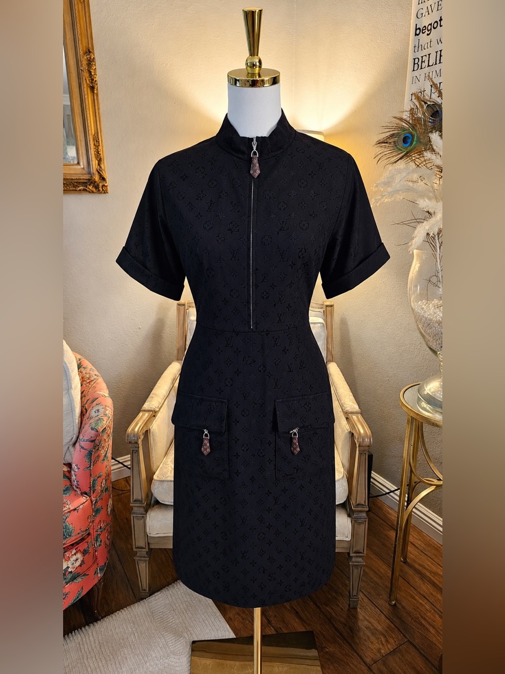 Louis Vuitton Black Monogram Zip-Front Midi Dress